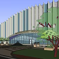 Modern Commercial Complex With Curved Glass Facade And Surrounding Greenery Trees