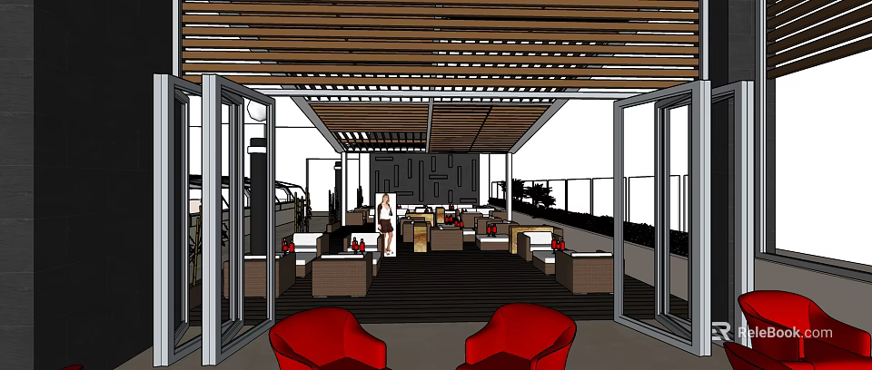 Hotel Public Lounge Area With Wooden Ceiling Open Layout And Comfortable Seating 3d model 