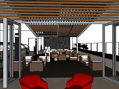 Hotel Public Lounge Area With Wooden Ceiling Open Layout And Comfortable Seating 3d model