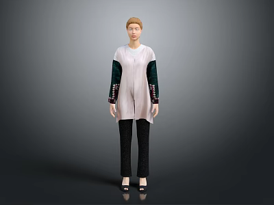 Woman Wearing White Top With Green And Black Spliced Sleeves Black Pants And Shoes 3d model