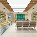 Pharmacy Store Interior With Shelves Full Of Medicines Green Decor And Comfortable Seats