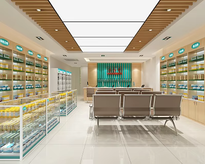 Pharmacy Store Interior With Shelves Full Of Medicines Green Decor And Comfortable Seats 3d model