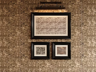 Abstract Paintings Framed in Black Hanging on Patterned Wallpaper with Overhead Lighting 3d model