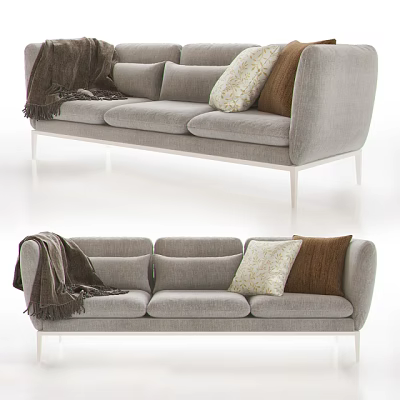 Modern Gray Fabric Three-Seater Sofa With Soft Cushions Cozy Blanket And Metal Legs 3d model