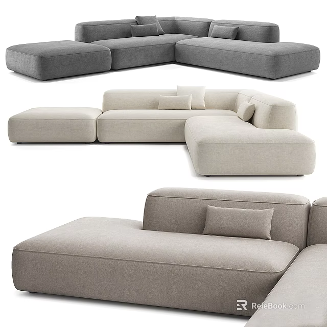 Modern L Shaped Three Seater Sofa In Beige Gray With Comfortable Cushions 3d model 