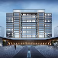 Modern Urban High Rise Buildings Night View With Pedestrian Bridge And Green Rooftops