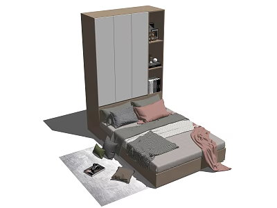 Modern Bedroom Design With Bed Wardrobe Shelves Pillows And Soft Carpet 3d model