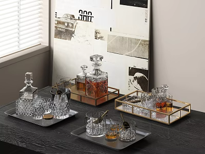 Elegant Crystal Kitchenware Serving Trays Decanters And Glasses On Wooden Table With Modern Poster 3d model