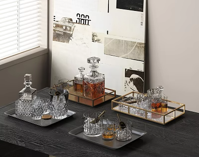 Elegant Crystal Kitchenware Serving Trays Decanters And Glasses On Wooden Table With Modern Poster 3d model