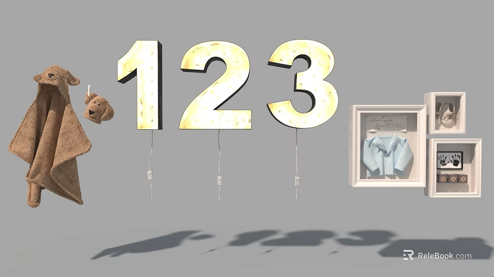 Decorative 123 Numbers With Teddy Bear Open Wardrobe And Blue Clothes 3d model 