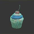 Delicious Cupcake With Blue Pink Frosting Red Cherry Colorful Sprinkles And Brown Paper Liner