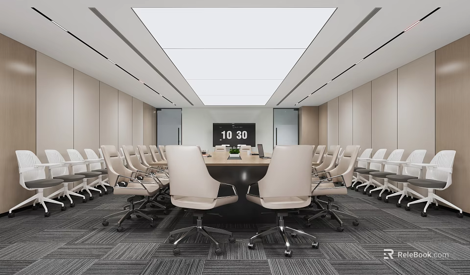 Modern Conference Room With Arranged Office Chairs Meeting Table And Digital Clock 3d model 