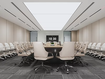 Modern Conference Room With Arranged Office Chairs Meeting Table And Digital Clock 3d model