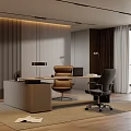 Modern Spacious Office Interior With Desk Leather Chair Bookshelf Floor To Ceiling Window Rug Lighting