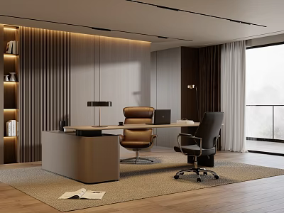 Modern Spacious Office Interior With Desk Leather Chair Bookshelf Floor To Ceiling Window Rug Lighting 3d model