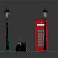 Street Scene Components With Red Telephone Booth Black Street Lamps And Wooden Bench