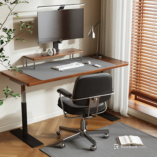 Home Office Desk Setup With Monitor Keyboard Mouse Headphones Desk Lamp Black Chair And Blinds 3d model 