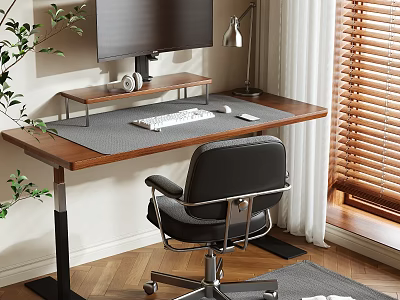 Home Office Desk Setup With Monitor Keyboard Mouse Headphones Desk Lamp Black Chair And Blinds 3d model