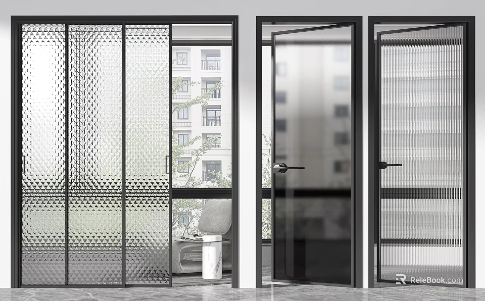 Contemporary Hinged Door Design For Interior With Black Frame And Glass Panels 3d model 