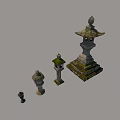 Traditional Stone Outdoor Lights With Pagoda Style Tops Mossy Surfaces And Various Sizes