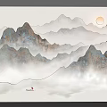 Chinese Style Sofa Background Wall With Misty Mountain Landscape Moon And Small Boat