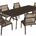 Dark Wooden Rectangular Dining Table Set With Six Woven Back Chairs And Beige Seats 3d model