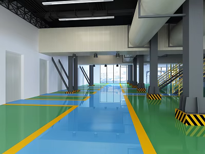 Industrial Plant Interior Featuring Green Blue Epoxy Flooring Yellow Lines Steel Structure Columns And Staircase 3d model