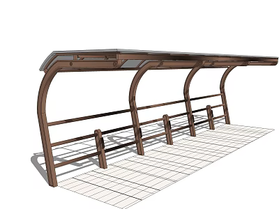 Wooden Arched Canopy With Transparent Roof Railing And Grid Floor Structure 3d model