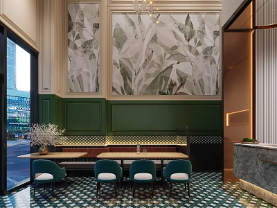 Elegant Restaurant Interior With Green Walls Plant Murals And Geometric Floor Tiles 3d model