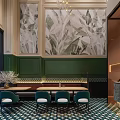 Elegant Restaurant Interior With Green Walls Plant Murals And Geometric Floor Tiles