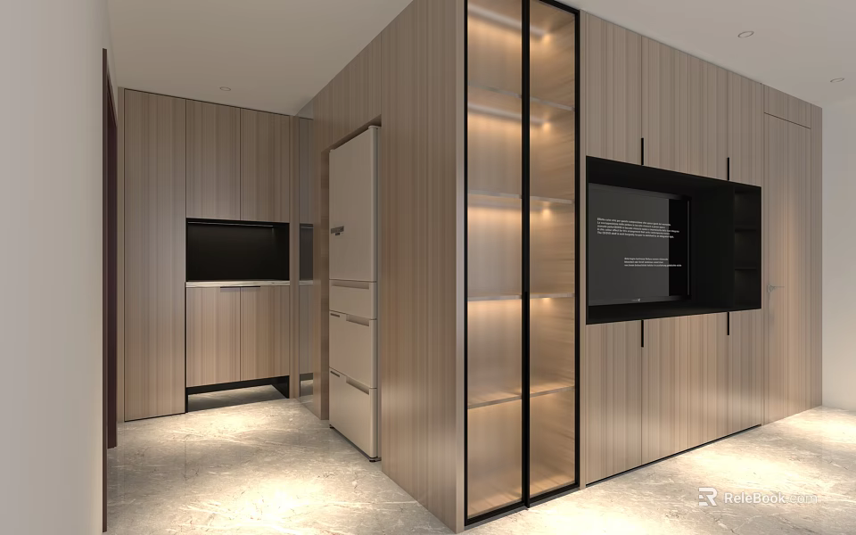 Modern Wooden TV Wall Unit With Glass Doors And LED Lighting Design 3d model 