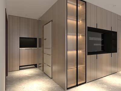 Modern Wooden TV Wall Unit With Glass Doors And LED Lighting Design 3d model