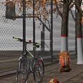 Outdoor Autumn Scene With Bicycle And Backpack Near Trees And Fence On Sidewalk