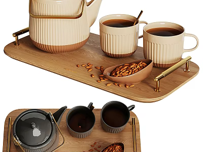 Elegant Tea Set with Teapot Mugs on Wooden Tray and Almonds Gold Accents 3d model