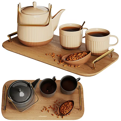 Elegant Tea Set with Teapot Mugs on Wooden Tray and Almonds Gold Accents 3d model