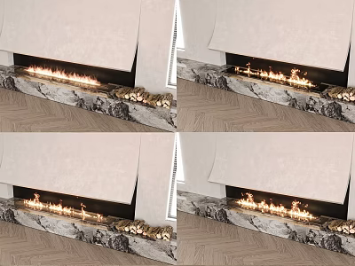 Modern Fireplace With Burning Flames And Marble Mantel On Wooden Floor 3d model