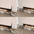 Modern Fireplace With Burning Flames And Marble Mantel On Wooden Floor