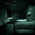 Gloomy Room With Metal Beds Blood Stains Wall Pictures And Shelves