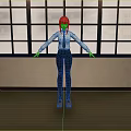 Red Haired Female Character in Uniform Standing in Room With Grid Windows and Wooden Floor