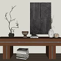 Minimalist Wooden Console Table with Decorative Painting Twig Branch Vase and Books