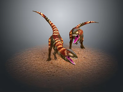 Two Colorful Dinosaurs Standing on Sandy Ground with Red Yellow Green Stripes Opening Mouths 3d model