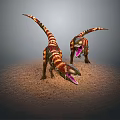 Two Colorful Dinosaurs Standing on Sandy Ground with Red Yellow Green Stripes Opening Mouths