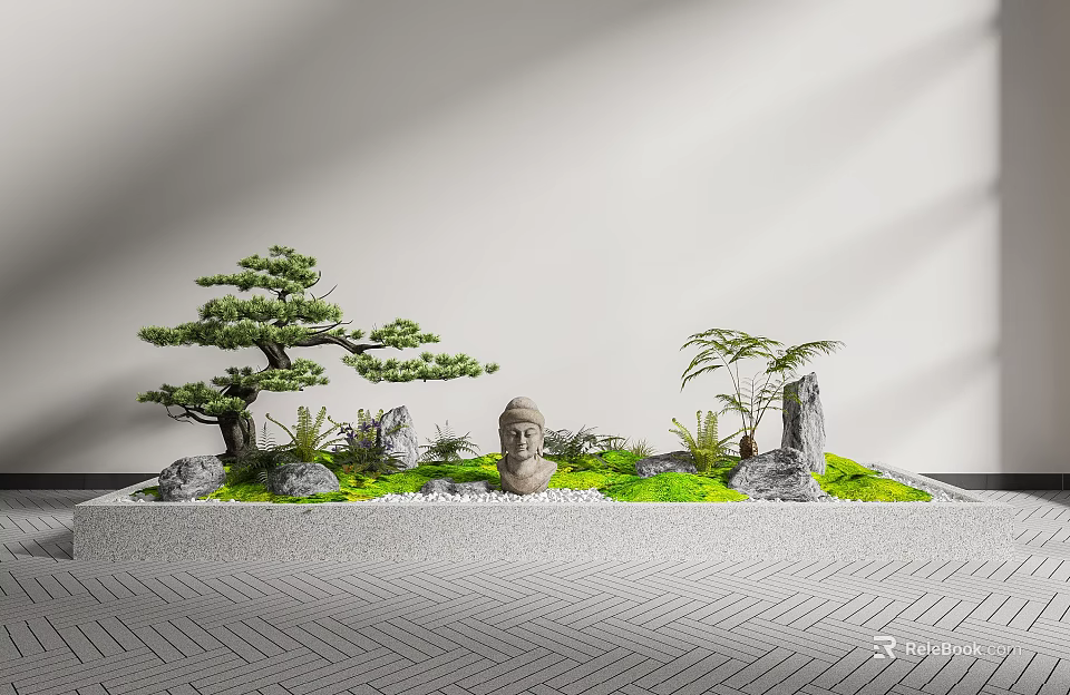 Miniature Garden Landscaping With Bonsai Tree Decorative Stones And Buddha Statue 3d model 