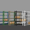 Multi Colored Storage Shelves Loaded With Cardboard Boxes In Warehouse 3d model