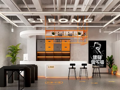 Strong Fitness Club Interior With Modern Bar Counter Orange Cabinets And Plants 3d model