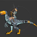 Young Girl Riding Blue Mythical Bird With Yellow Beak Claws And Spear