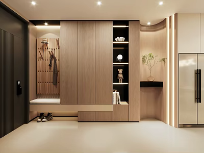 Modern Wooden Entryway Cabinet with Side Cabinet Open Shelves Decorations and Plants Lighting 3d model