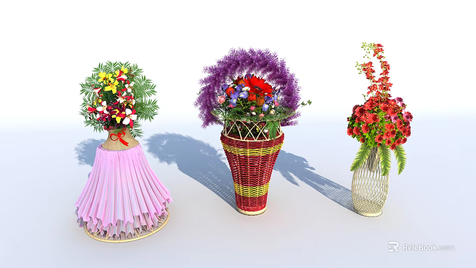 Three Unique Vases With Vibrant Flowers In Woven Pleated And Mesh Designs 3d model 