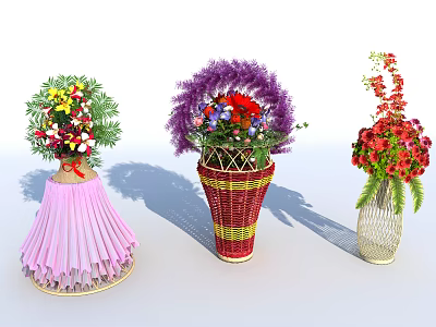 Three Unique Vases With Vibrant Flowers In Woven Pleated And Mesh Designs 3d model