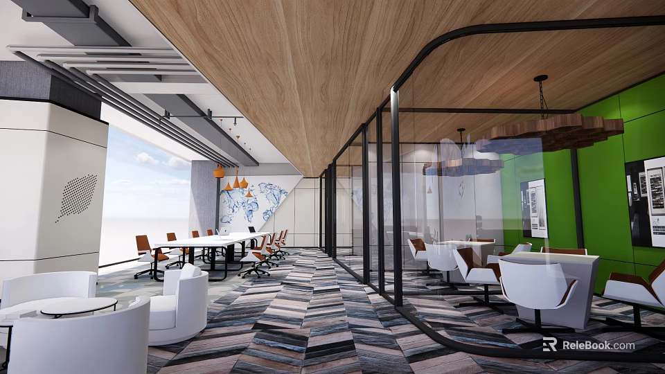 Public Office Space With Open Layout Wooden Ceiling Glass Partitions Green Wall And Colorful Carpet 3d model 